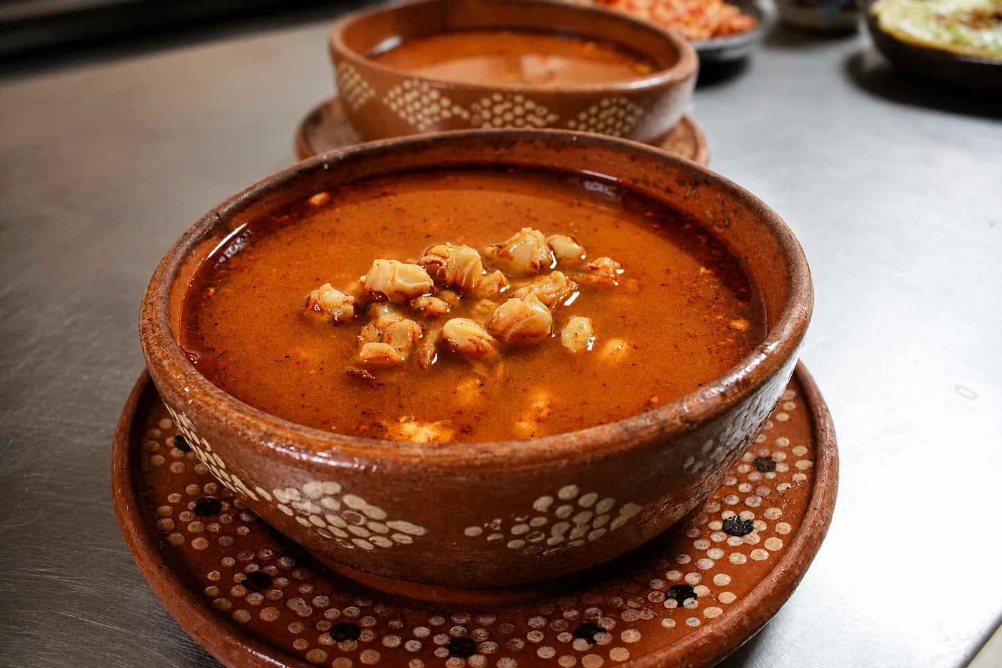 Pozole rojo servido en un plato de barro