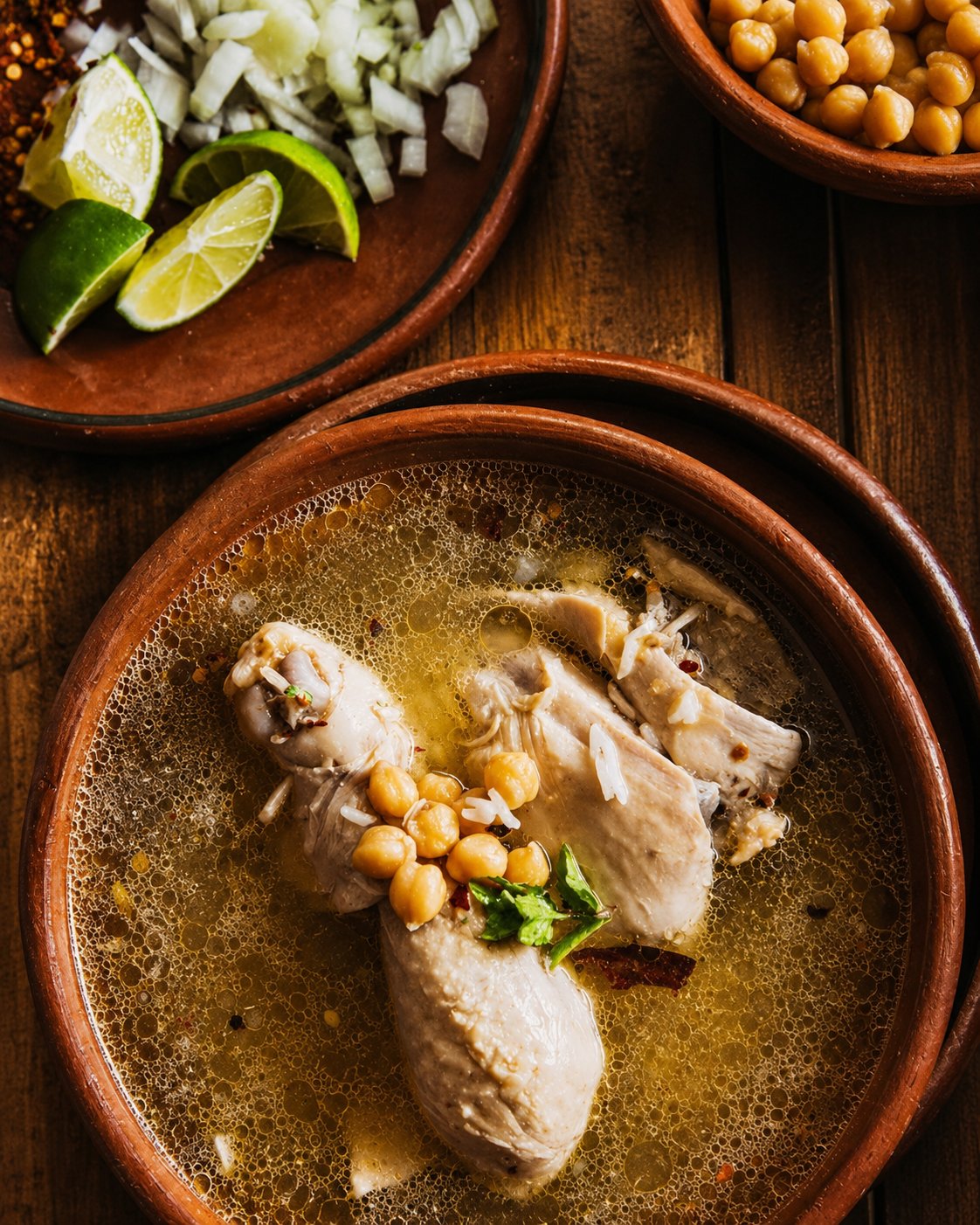 Caldo de gallina servido con garbanzos